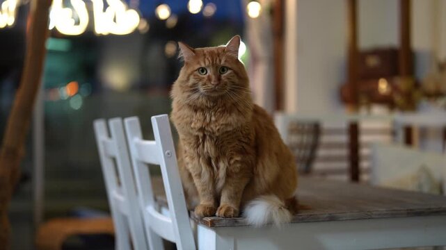 Adorable long haired ginger cat with white tipped tail sitting on wooden table inside cafe at night, looking with its green eyes against blurry background. Shooting in slow motion.