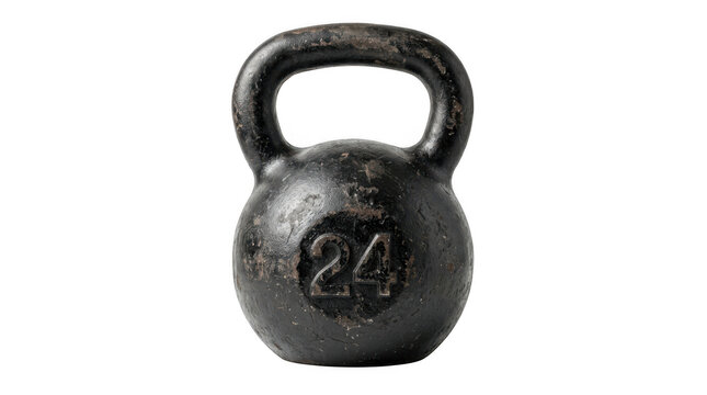 A vintage cast iron 24 kg kettlebell isolated on transparent background