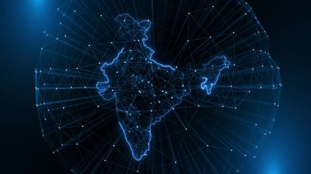 High-tech India map glowing digital network environment. Strong for artificial intelligence, fintech, cloud computing, mobile connectivity, smart governance, analytics, startups future digital economy