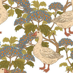Seamless goose and hydrangea botanical pattern with vintage hand drawn bird and floral garden illustration © Naya Chu