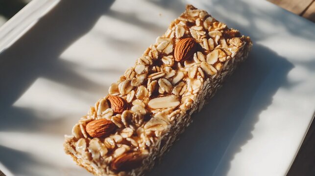 Close up of an oat bar with almonds, delicious and healthy snack ready to eat