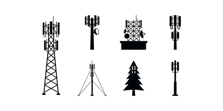 Cell tower silhouettes with varying designs and a pine tree on a white background
