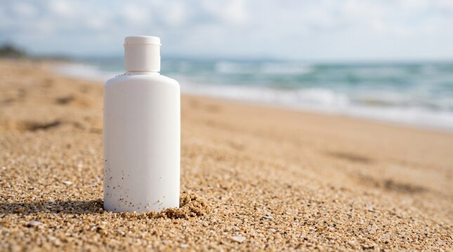 White sunscreen bottle standing in the sand on a tropical beach with ocean waves
