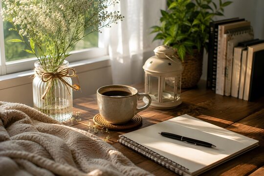 opened spiral notepad with pen near ceramic cup and decorative lantern on wooden table
