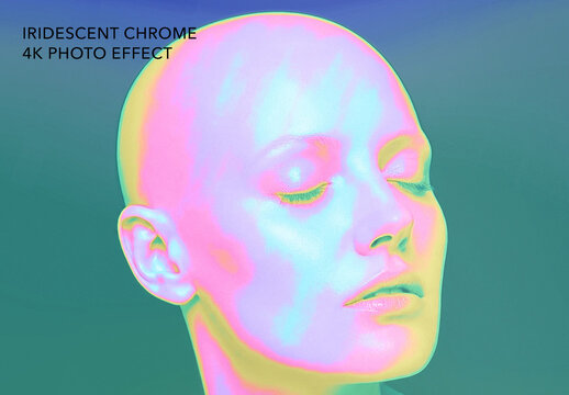 Holographic Iridescent Chrome Photo Effect Template - Pastel Oil Slick Rainbow Foil Portrait Filter, Y2K Vaporwave Prismatic Chrome Wrap, Gradient Map Duotone, Editable Smart Object, Layered PSD