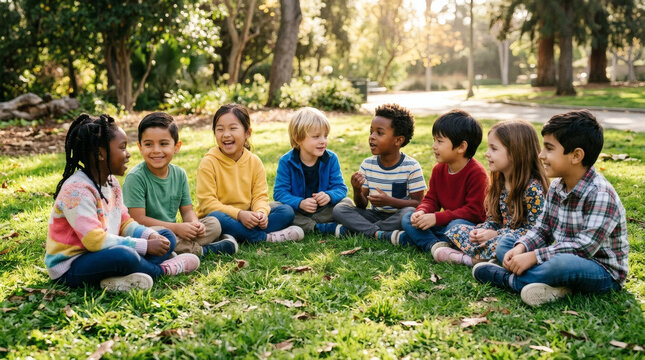 A group of seven ethnically diverse children sitting in a circle on a lush green lawn in a park, laughing and interacting joyfully during an outdoor playtime session.