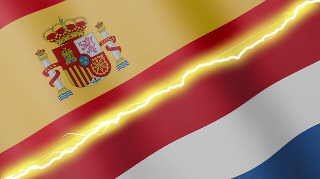 Two waving flags Spain and Netherlands with diagonal lightning seamless, 4k loop
