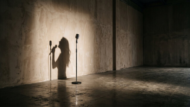 Vintage Standing Microphone Casting Shadow of Singing Woman on Textured Concrete Wall