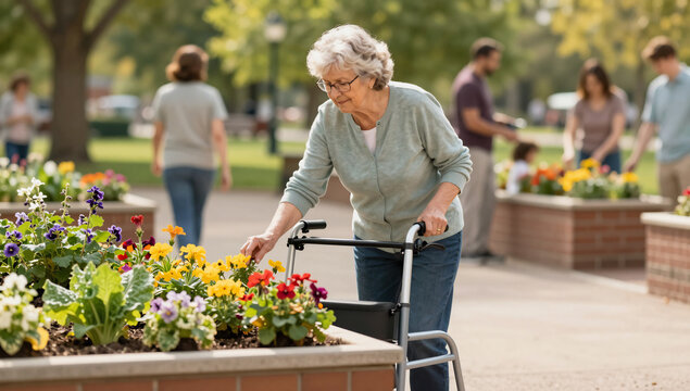 Senior Woman Enjoying Adaptive Gardening in Accessible Community Park