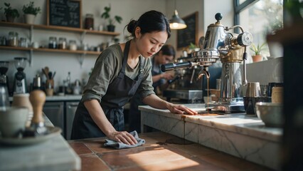 Fototapeta premium Focused barista cleaning countertops in a cozy coffee shop