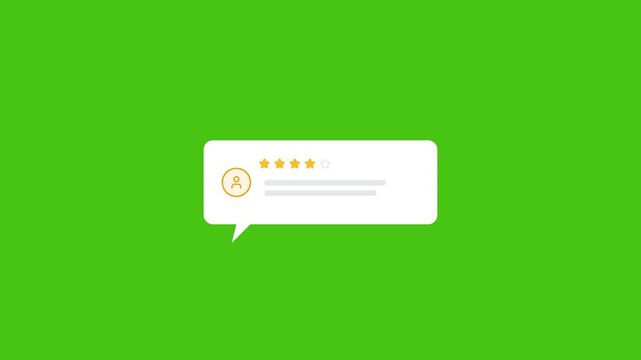 Testimonial feedback popup animation with five gold star icons and circular profile avatar on green screen background for video editing