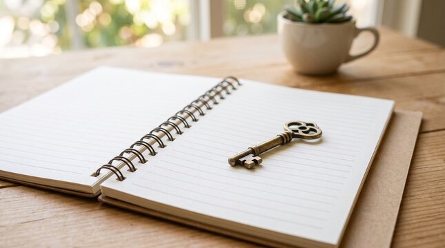 Antique key resting on an open notebook with a succulent plant in the background