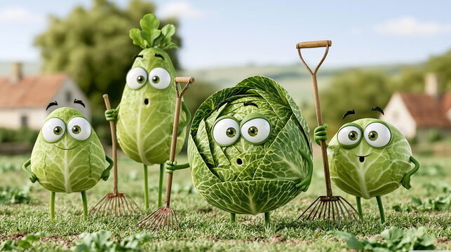 Cute cartoon cabbage vegetable in the field