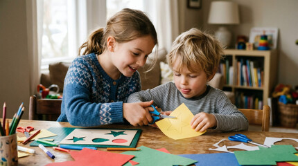 Obraz premium A sister helps her younger brother cut yellow construction paper with scissors at a table filled with colorful paper and art supplies, engaging in a craft activity.