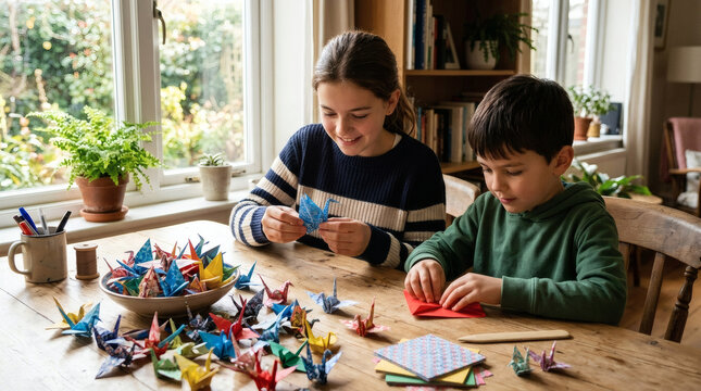 Two cheerful siblings are sitting at a wooden table, folding colorful paper cranes together in a bright room with large windows.