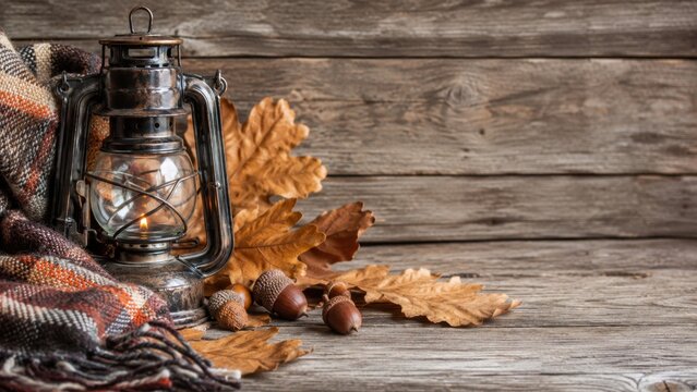 Cozy autumn lantern with plaid blanket oak leaves and acorns on rustic wooden background