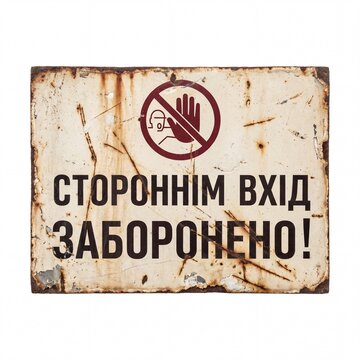 Vintage, distressed metal sign with Ukrainian 'No Entry' (&ETH;&iexcl;&ETH;&cent;&ETH;ž&ETH;&nbsp;&ETH;ž&ETH;&ETH;&ETH;&dagger;&ETH;&oelig; &ETH;&rsquo;&ETH;&yen;&ETH;&dagger;&ETH;&rdquo; &ETH;&mdash;&ETH;&ETH;&lsquo;&ETH;ž&ETH;&nbsp;&ETH;ž&ETH;&ETH;&bull;&ETH;&ETH;ž!) text and prohibition symbol. Rusty, grunge texture on white.