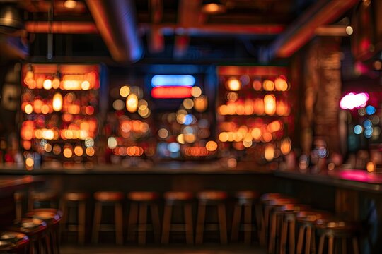 Blurred interior of a dimly lit bar with rows of stools and illuminated liquor bottles