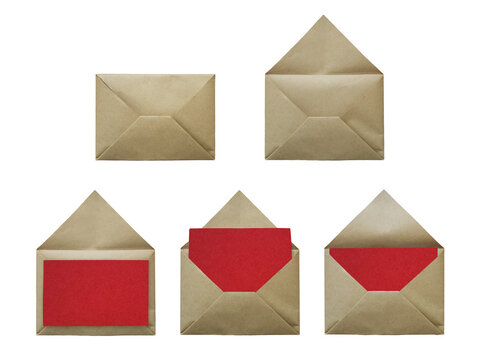 Festive kraft paper envelopes featuring deep red blank cards ideal for traditional rustic Christmas greetings on a transparent background