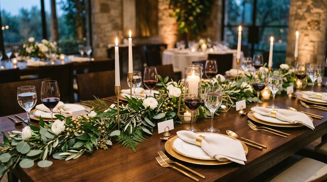 Elegant formal dinner table setting with floral garland and candles