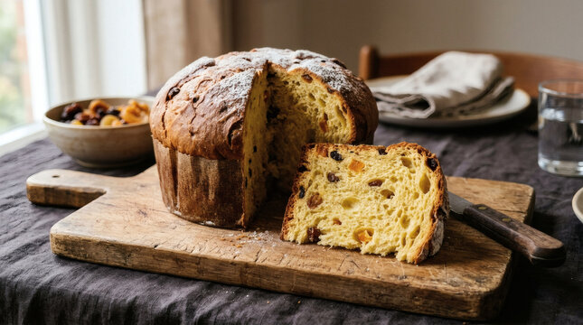 A freshly baked panettone loaf with a slice cut out, showcasing its rich texture filled with dried fruits and nuts, resting on a wooden cutting board.
