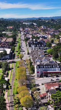 Emilio Ribas Avenue In Campos Do Jordao Sao Paulo Brazil. Birds Eye View Of Stunning Cityscape With Streets And Buildings. Downtown Cityscape. District Skyline. Campos do Jordao Sao Paulo.