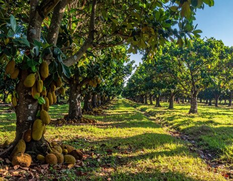 Organized rows of jackfruit trees in large tropical orchard.