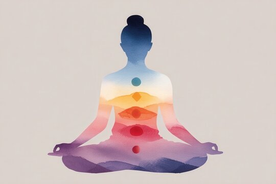 Meditating person silhouette with colorful chakra energy points in watercolor style