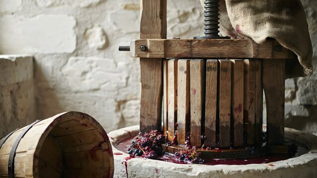 Vintage Wooden Wine Press with Grapes and Spillage on Floor