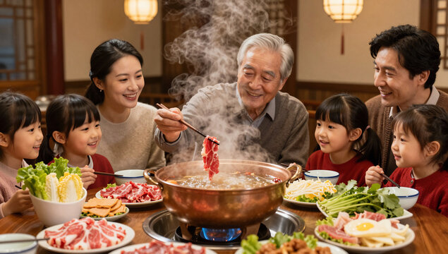 Asian Multigenerational Family Sharing Steaming Hot Pot Dinner