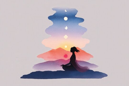 Woman meditating in lotus pose with glowing chakra energy points and watercolor landscape