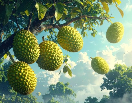 Multiple spiky jackfruits hanging from tree against bright sky.