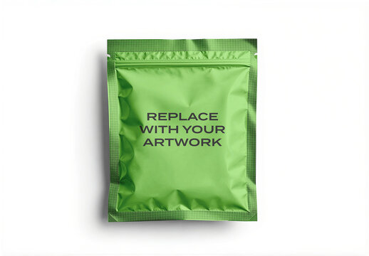 Foil pouch mockup with placeholder text for branding presentation on a white background, packaging template product display and graphic design, closed zipper seal, small package