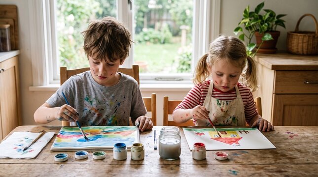 Two young siblings happily painting together at a wooden table indoors