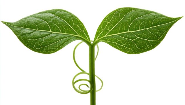 Close-up of a young green bean sprout with delicate leaves and tendrils.