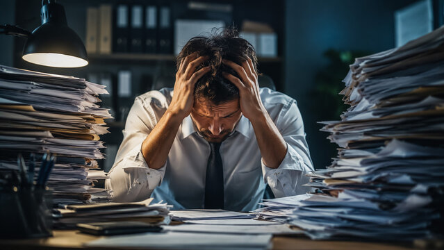 Stressed businessman overwhelmed by paperwork at office desk late at night