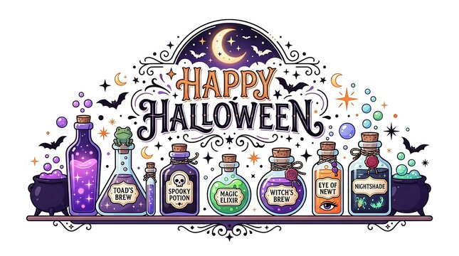 Witch potion bottles and magic brews on a shelf for Halloween decor