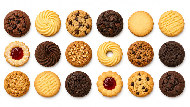 Assorted cookies collection isolated on white background for bakery menu design.