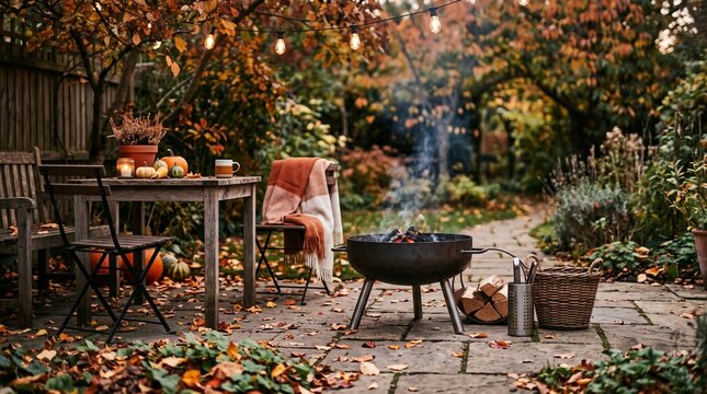 Cozy autumn garden barbecue area with string lights and pumpkins