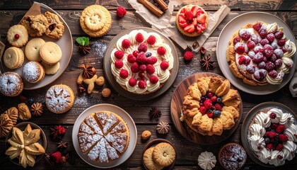 Fototapeta premium Assorted pastries and cakes with berries on wooden table, decorated with spices and powdered sugar