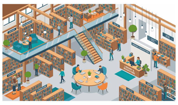 Detailed isometric illustration of a multi-level library with people browsing shelves and reading in a modern study environment.