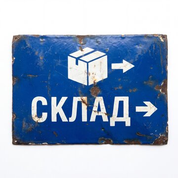 Distressed blue metal sign featuring white Cyrillic text "&ETH;&iexcl;&ETH;&scaron;&ETH;&rsaquo;&ETH;&ETH;&rdquo;" (Warehouse), a shipping box icon, and directional arrows. Isolated with heavy rust and grunge texture.