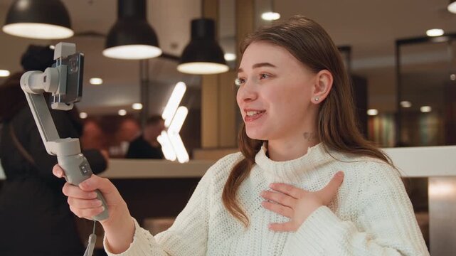 Young woman in chunky knit sweater uses smartphone on handheld gimbal inside cozy modern cafe, speaking, gesturing, and pausing with reflective expression beside wood, glass, and pendant light details