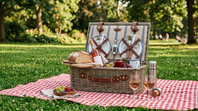 An elegant picnic basket filled with bread, wine, and fruits sits on a red and white checkered blanket spread on green grass in a park.
