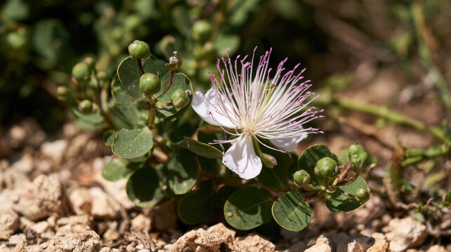 Mediterranean caper bush flowering among sunlit rocks with delicate white petals, long pink stamens and green buds