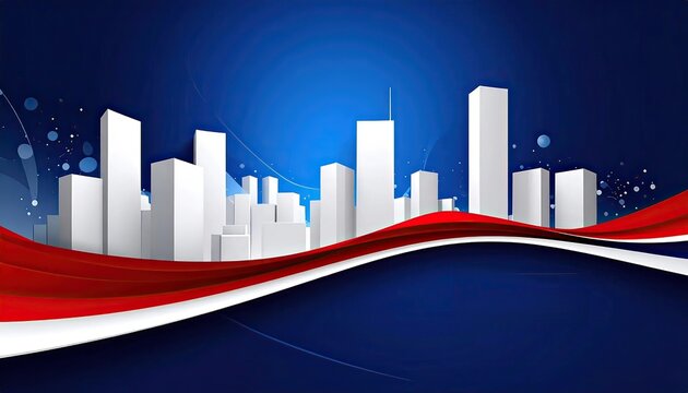 Modern White City Silhouette with Red White Blue Waves