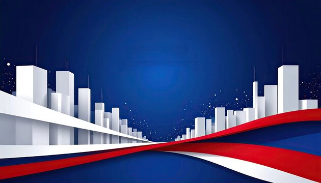 Modern Blue Cityscape with White Buildings and Red White Blue Curves