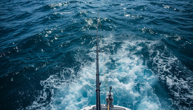 Fishing rod trolling in deep blue ocean water with boat wake trail