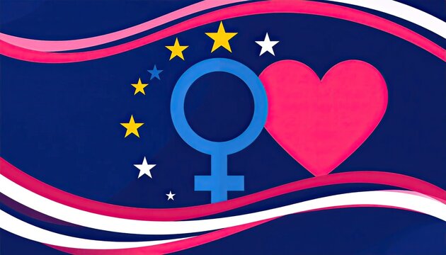 Bright Heart Symbol with Gender Sign and Stars on Dark Blue Background