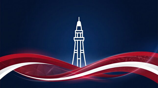Modern Tower Silhouette Above Red White Wave Abstract Background